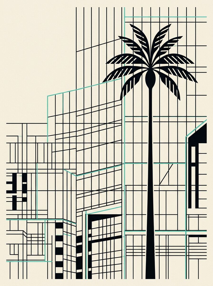 Editorial illustration of a single palm tree against a geometric architectural blueprint grid