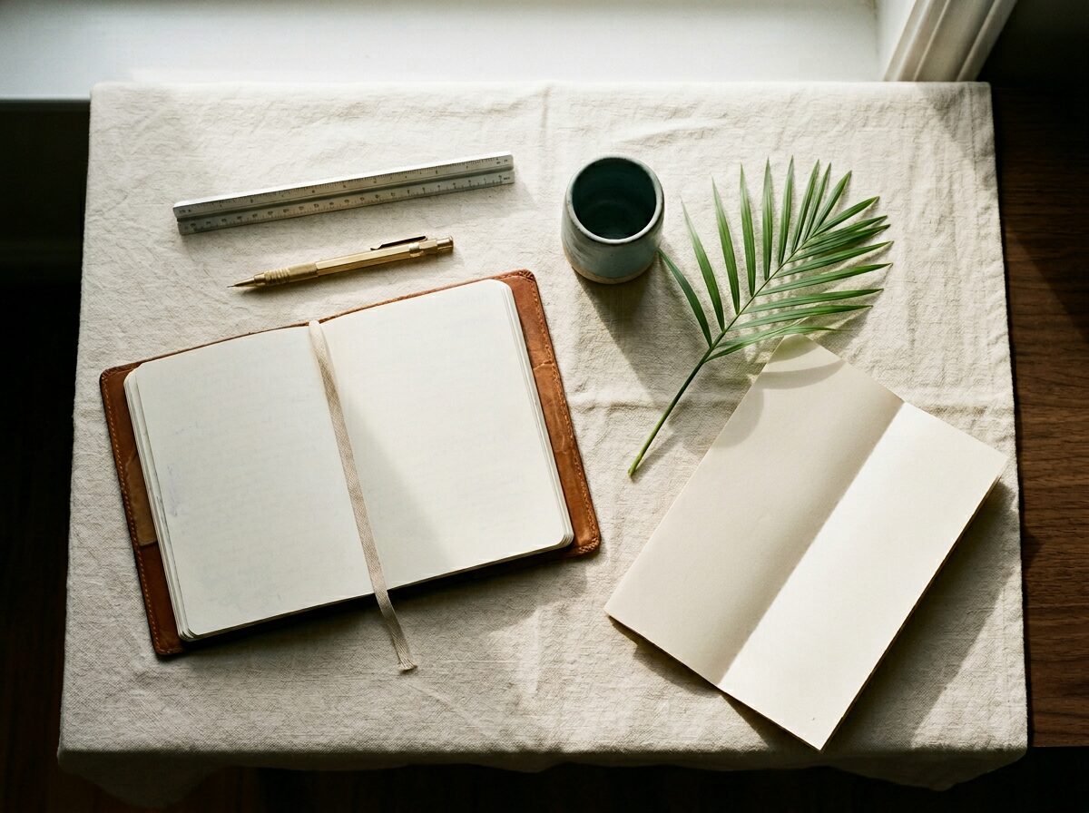 Editorial workspace photograph: leather notebook, brass pencil, and a single palm frond on warm linen